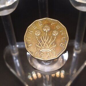 Vintage Three Pence Coin UK 1937 King George VI 1/20 10k G.F. Ring